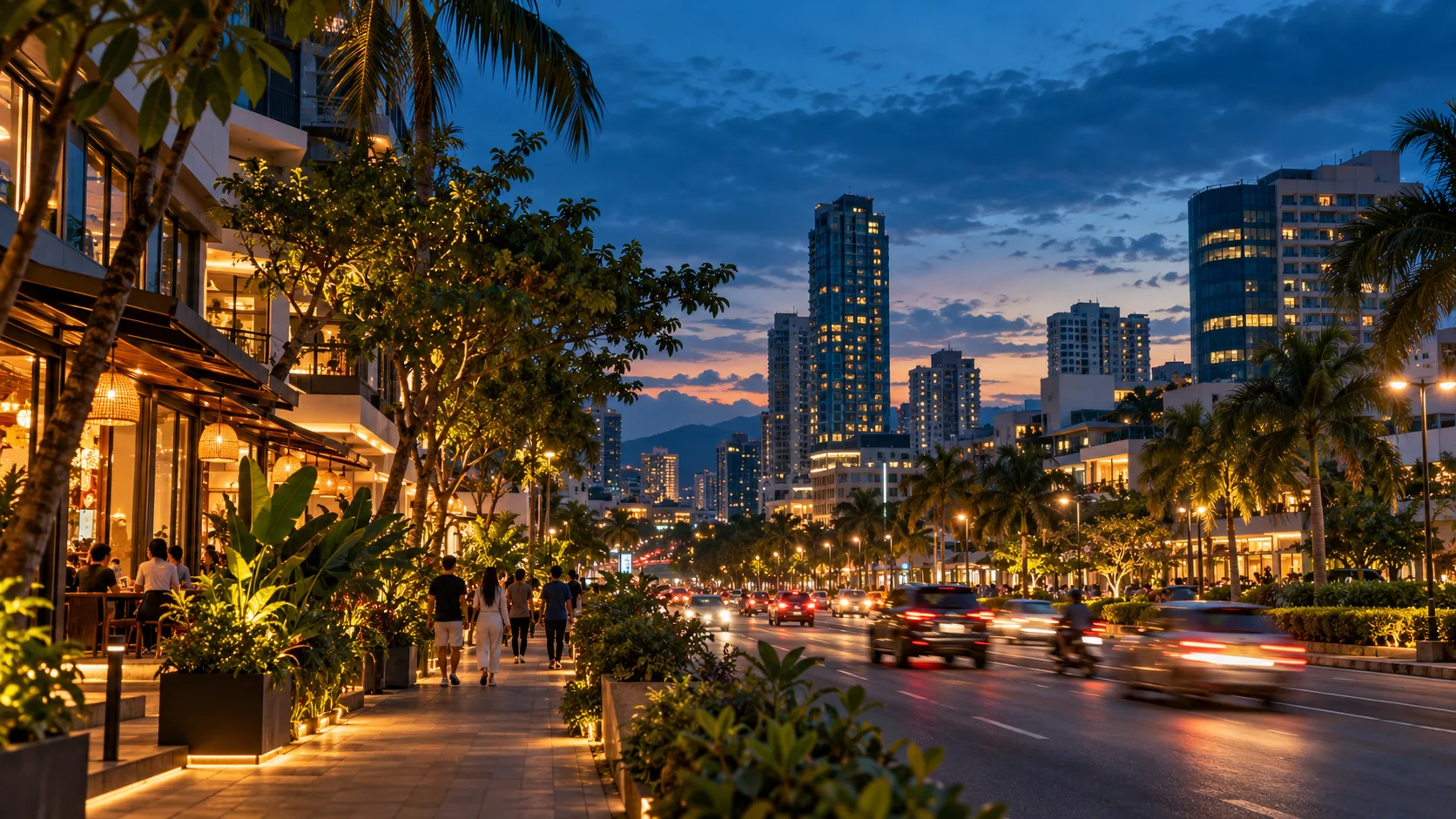 Illustrative Cebu city street at blue hour; not a specific street or landmark