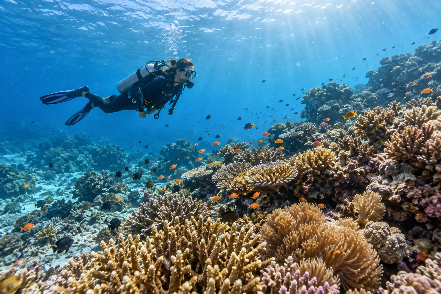 Illustrative generated image of a scuba diver over a tropical reef; not a named Mactan dive site