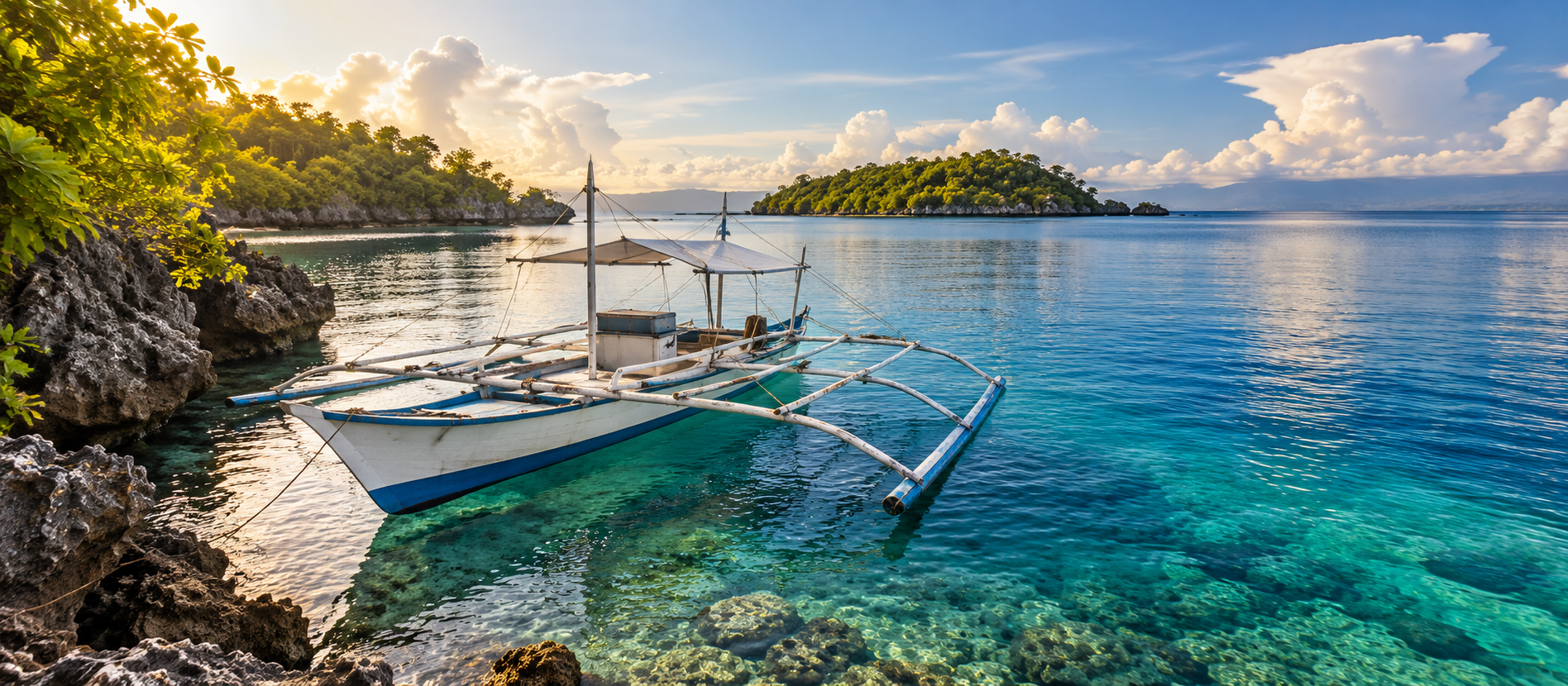 Illustrative editorial image of an outrigger boat in a tropical island cove