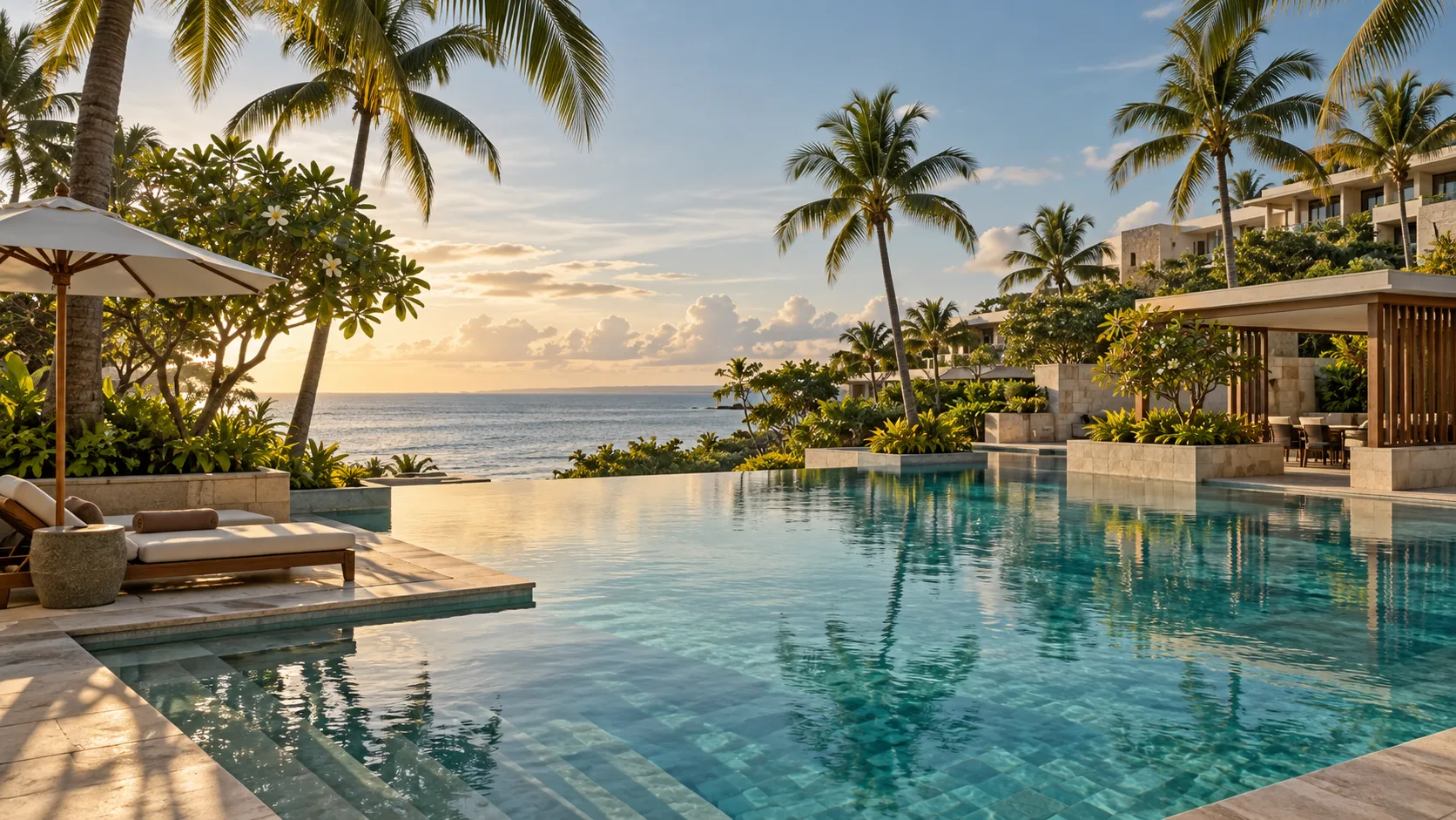 Illustrative tropical resort pool at sunset; not a photograph of a named Mactan hotel